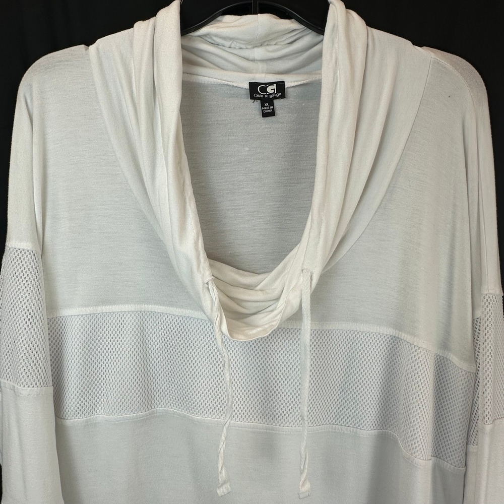 Cable & Gauge Womens XL White Cowl Neck Mesh Stripe Long‎ Sleeve Top Relaxed Fit